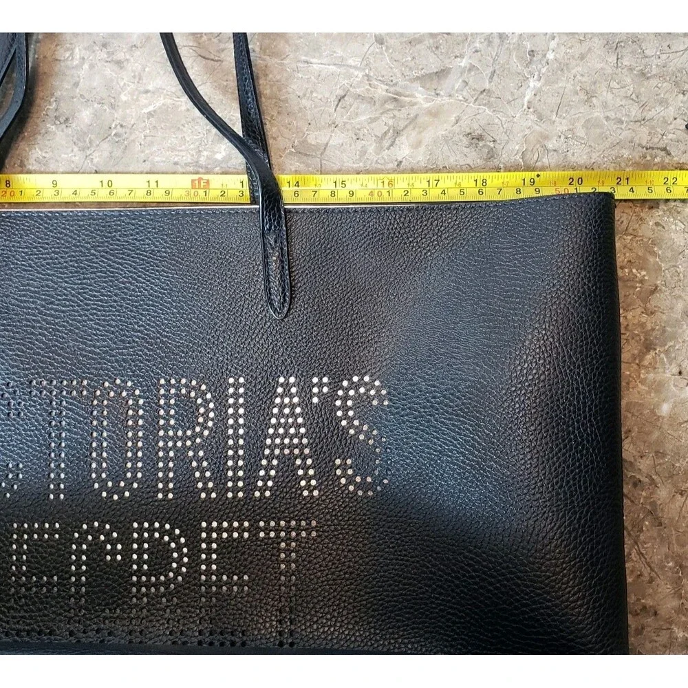 Victoria’s Secret Black Faux Leather Tote Bag Logo Double Handle Silver Tassel !